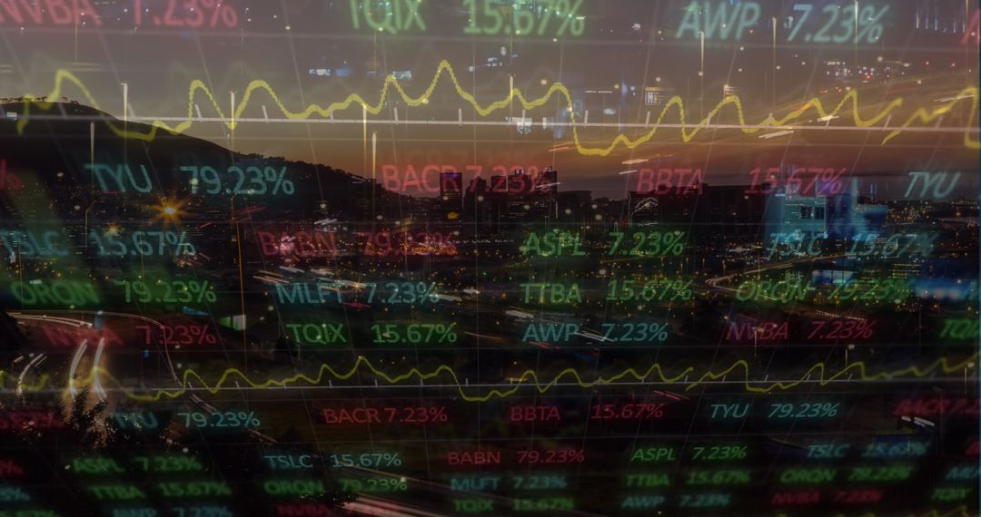 Dynamic Financial Chart Displayed Against Bustling Night Cityscape