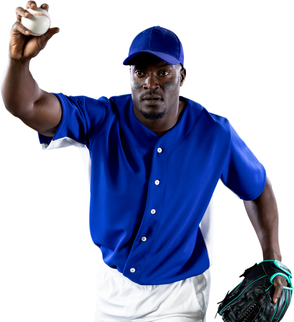 Transparent African American Male Baseball Pitcher in Blue Uniform Preparing to Pitch - Download Free Stock Images Pikwizard.com