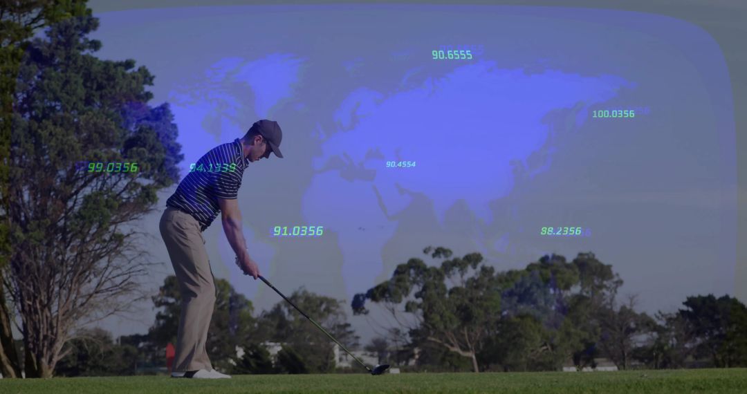 Golfer Tees Off with World Map and Digital Data Display