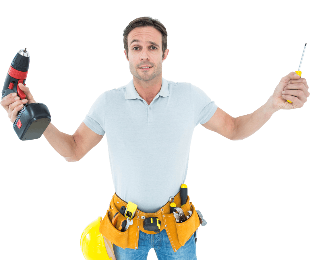 Confused Technician Holding Drill and Screwdriver Transparent Background