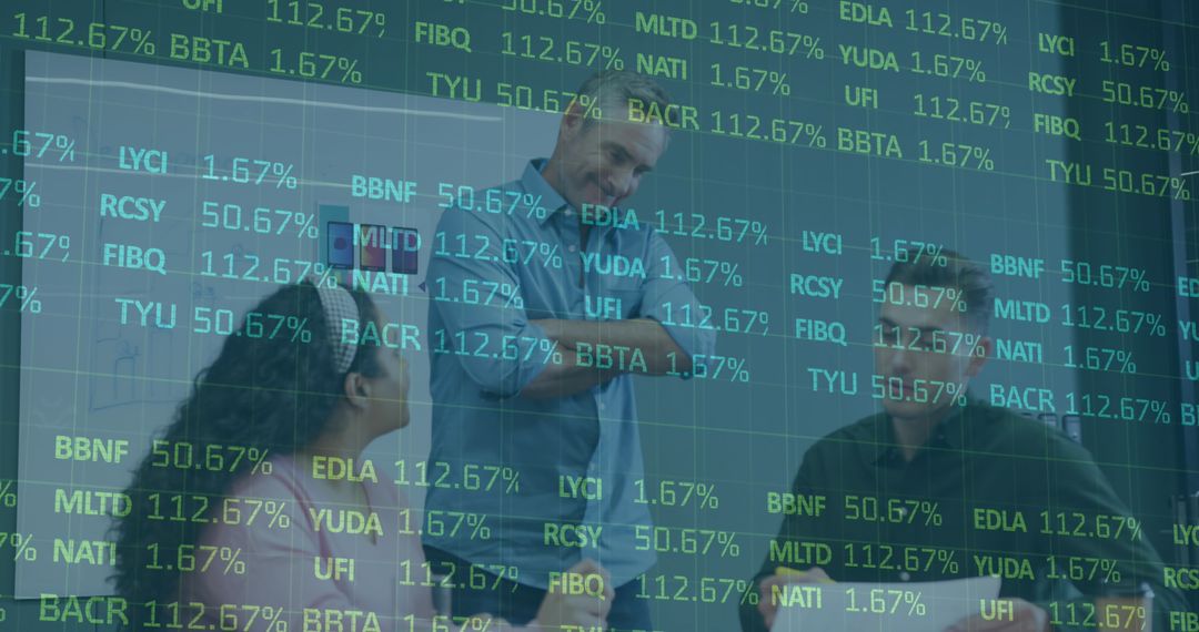 Diverse Team Collaborates on Stock Market Analysis in Office Setting