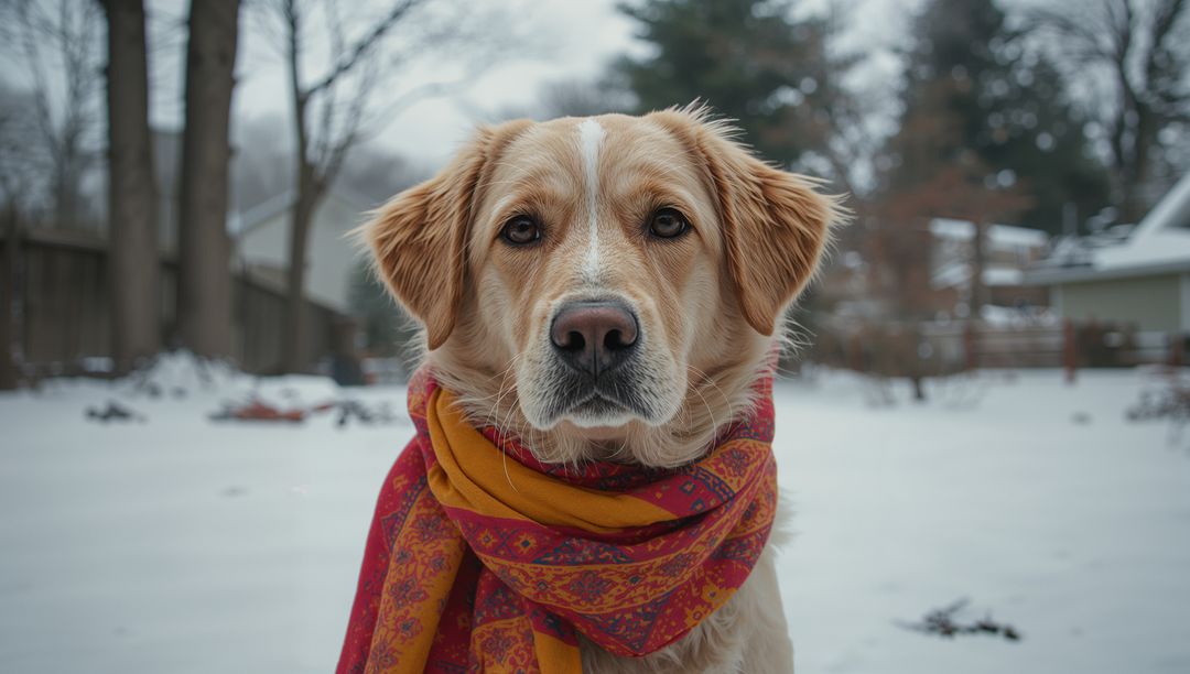 Golden Retriever in Scarf Amidst Snowy Suburbs