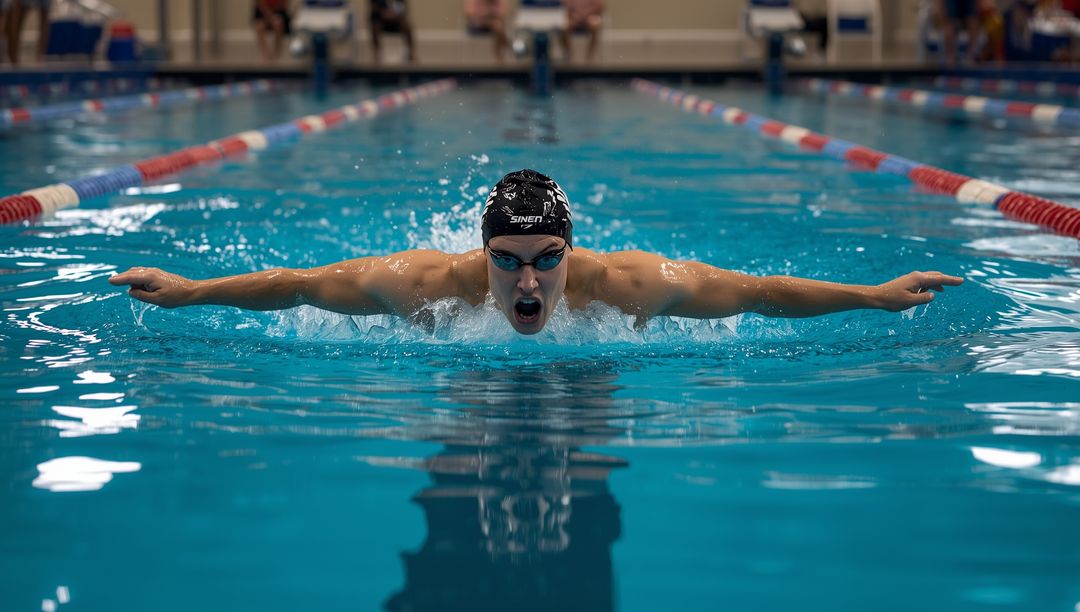 Swimmer Performing Powerful Butterfly Stroke in Competition Pool