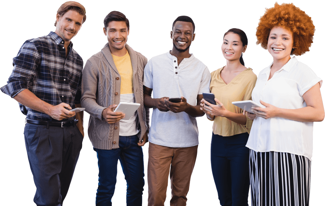 Diverse group using gadgets isolated on transparent background