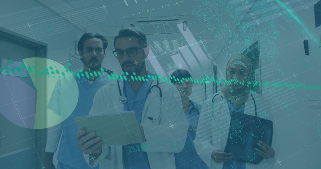 Medical Team Analyzing Digital Data in High-Tech Hospital Corridor