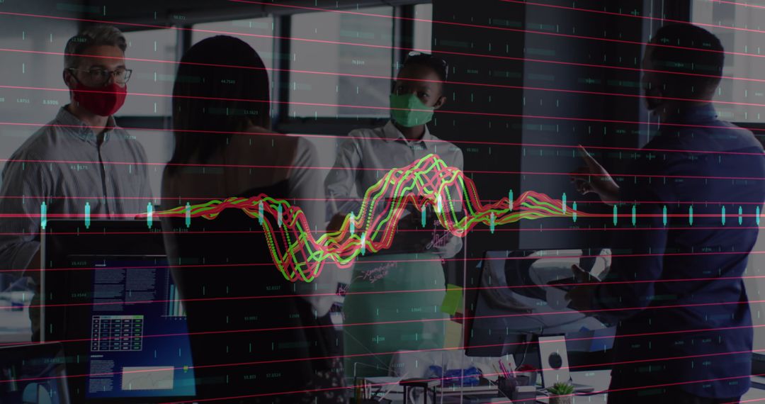 Masked Business Team Collaborating with Financial Data Overlay