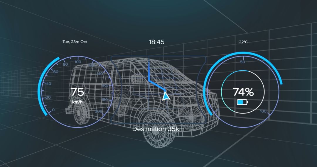 Futuristic Dashboard of 3D Van Wireframe With Digital Indicators