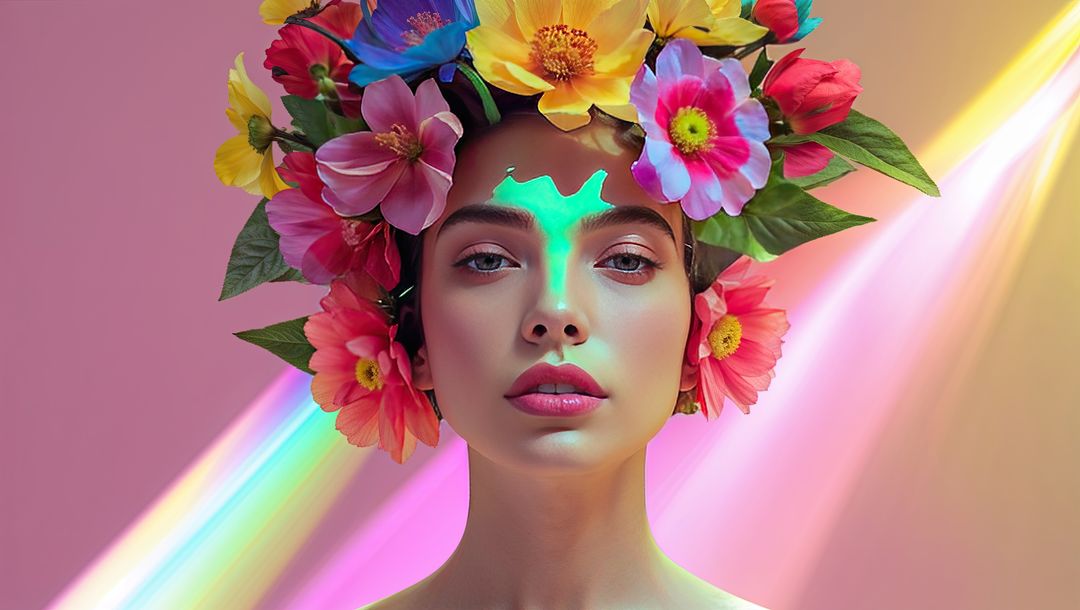 Contemporary Portrait of Model with Flower Crown and Neon Forehead Decoration