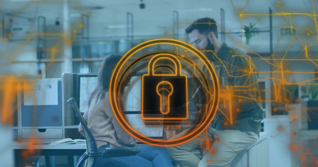 Padlock and Circuit Overlay in Modern Office for Data Security Theme