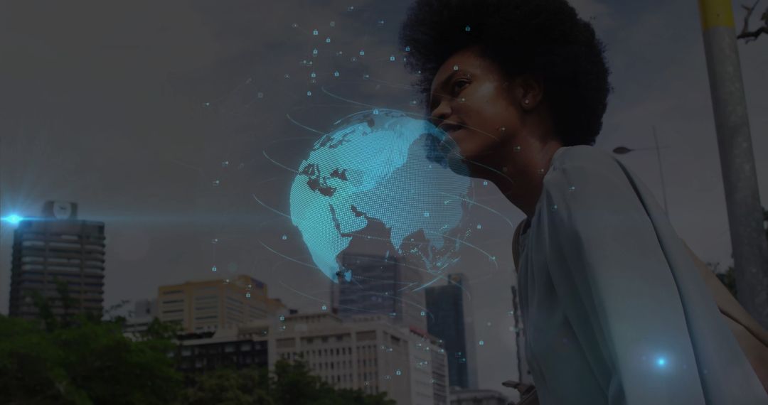 Futuristic Professional Exploring Digital Globe in Urban Landscape