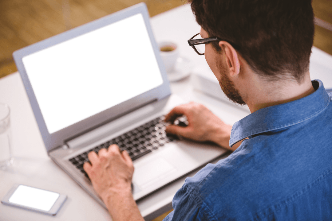 Businessman Working on Laptop with Transparent Screen Office Concept