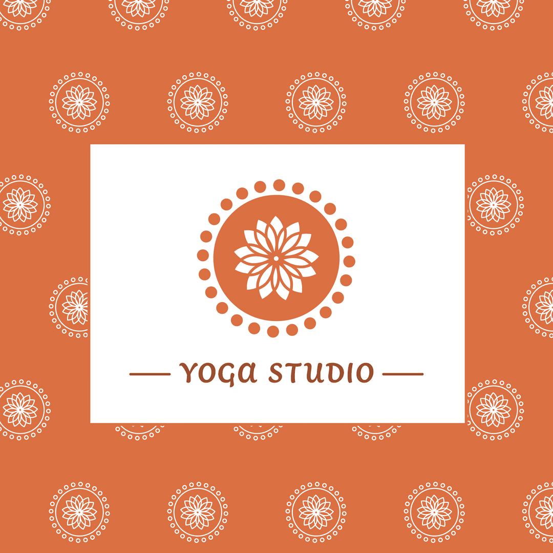 Transparent Yoga Studio Logo on Orange Background with Floral Pattern
