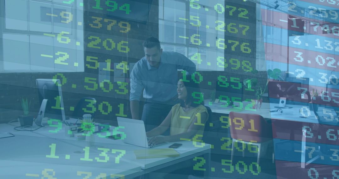 Coworker Collaborating with Colleague Overlapping with Stock Numbers Concept