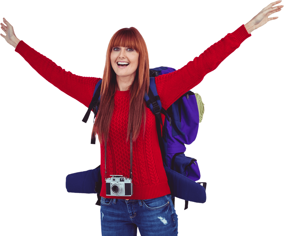 Hipster Woman Traveling with Backpack on Transparent Background