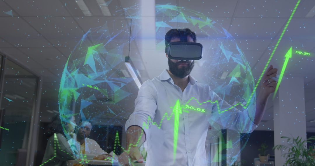 Businessman Exploration Virtual Data Analysis with VR in Office
