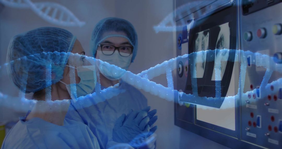 Doctors Analyzing X-Ray Scans with DNA Helix at Lab Control Panel