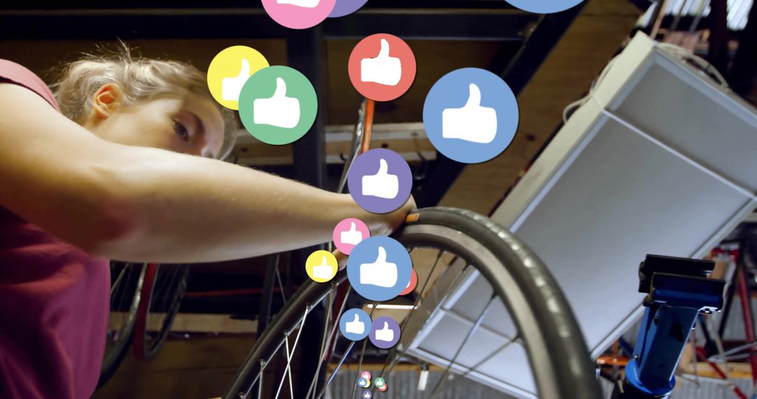 Mechanic Aligning Bicycle Wheel with Floating Like Icons in Workshop