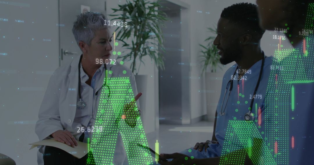 Healthcare Professionals Discussing Data with Digital Visualization