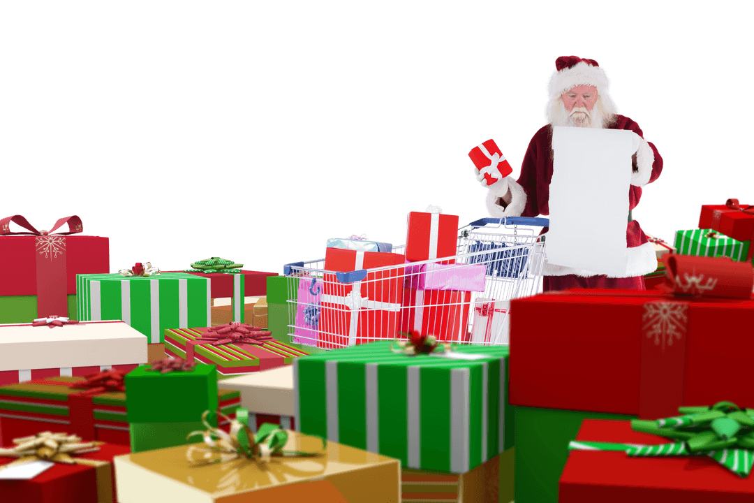 Santa Claus Checking Gift List Among Christmas Presents Transparent Background