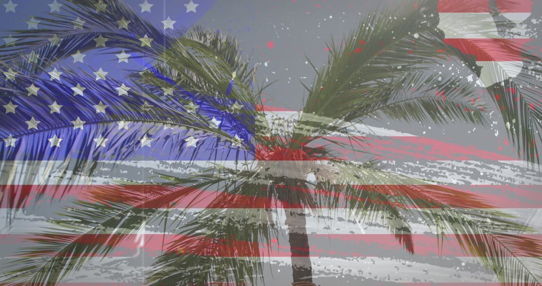 American Flag Overlay on Palm Tree, Patriotic Beach Concept