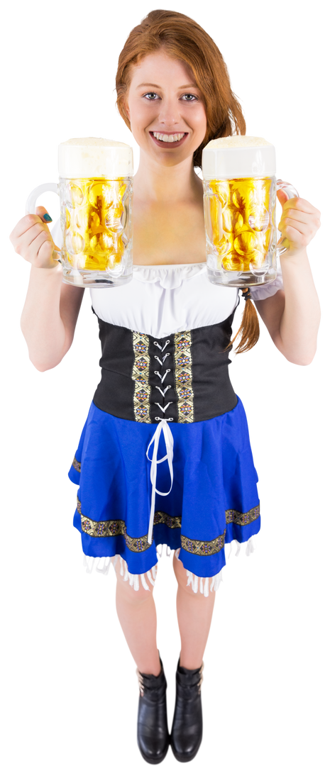 Smiling Oktoberfest Girl in Traditional Costume Holding Transparent Beer Mugs - Download Free Stock Images Pikwizard.com