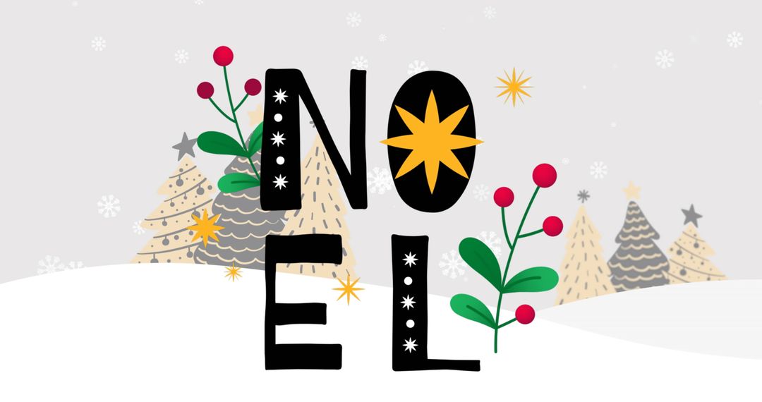 Festive Noel Text with Stars and Winter Trees Design