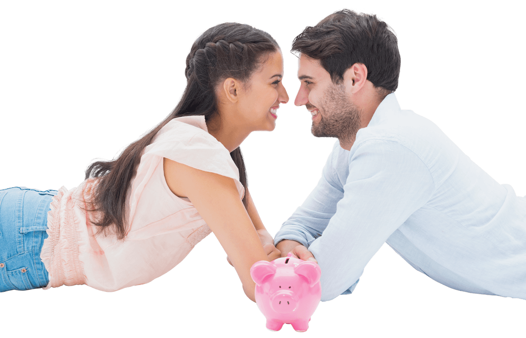 Transparent Joyful Couple Smiling with Piggy Bank Emphasis