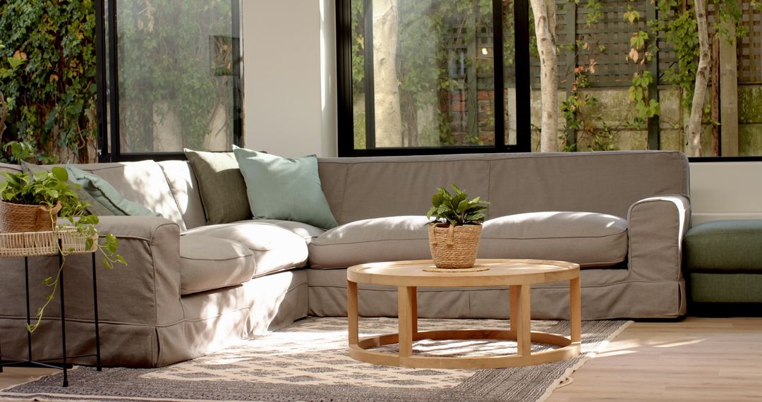 Modern Minimalist Living Room with Cozy Gray Sofa by Large Windows