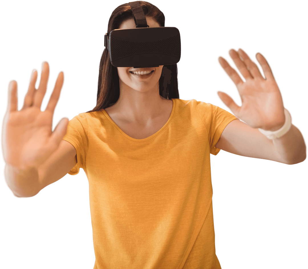 Woman Joyfully Engaging with Transparent Virtual Reality