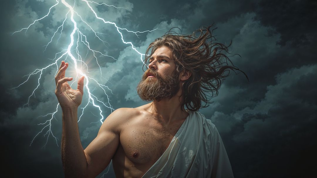 Majestic godlike zeus figure controlling lightning under stormy sky