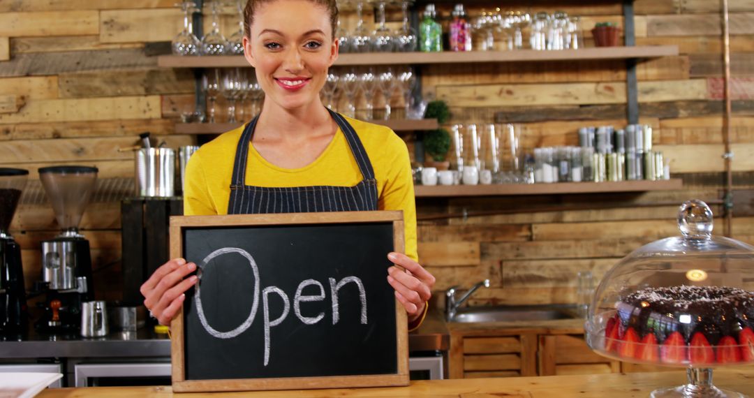 Smiling Cafe Owner Holding Open Sign at Coffee Shop - Free Images, Stock Photos and Pictures on Pikwizard.com