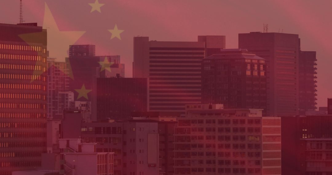 Chinese Flag Superimposed on Modern City Skyline at Sunset