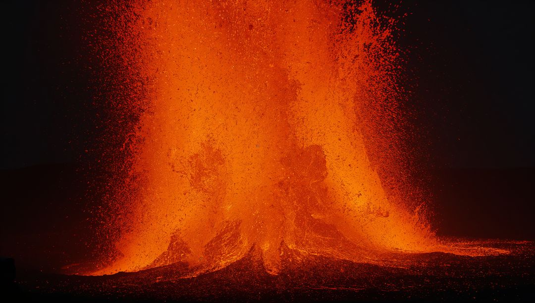 Volcano Lava Fountain Erupting at Night in Dramatic Display