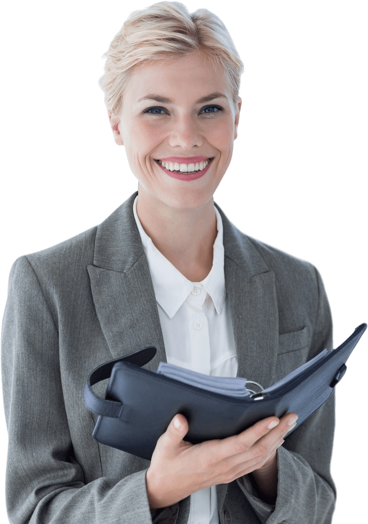 Smiling Businesswoman Holding Planner on Transparent Background