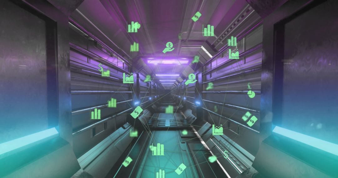 Futuristic Globe of Financial Icons in Colorful Tunnel