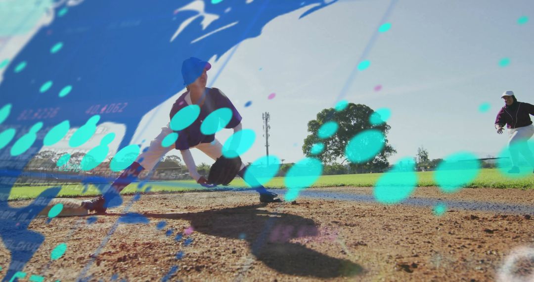 Baseball Player Fielding Ground Ball on Base Path Action Shot