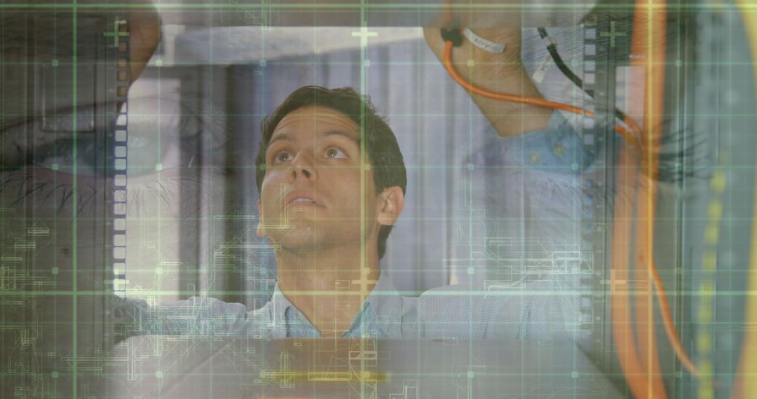 IT Engineer Managing Network Cables and Digital Interface Overlay