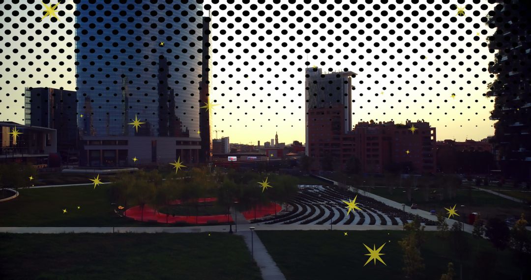 Modern Cityscape at Dusk with Digital Overlay