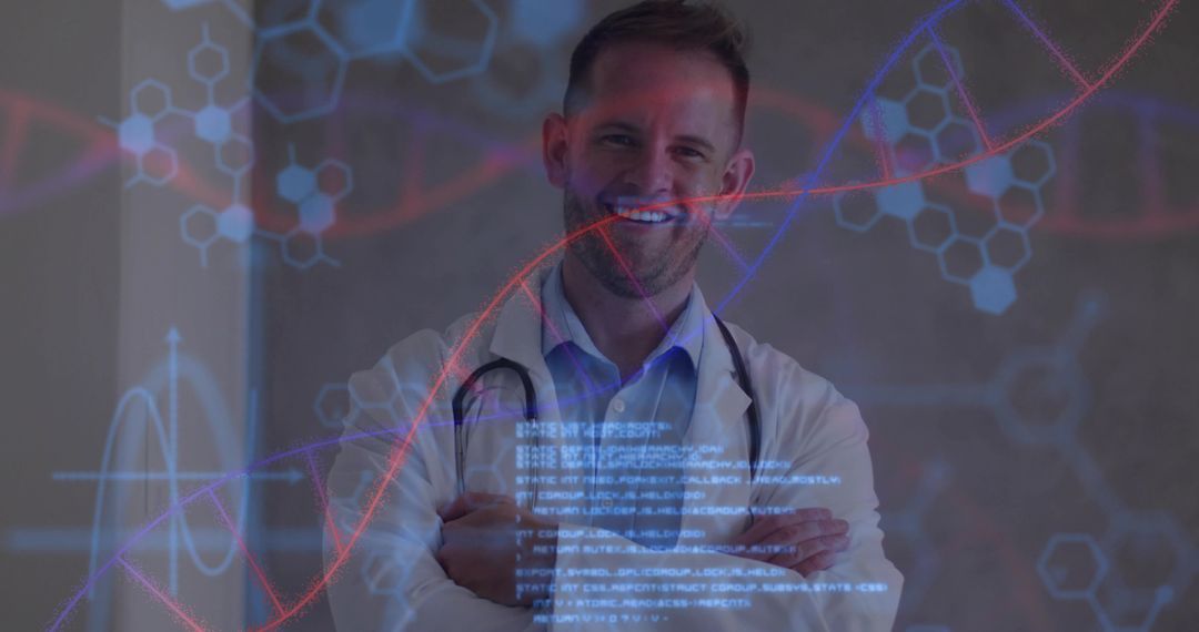 Confident Physician with Digital DNA Overlay in Modern Laboratory