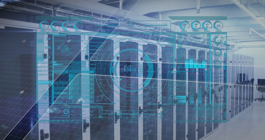 Futuristic Data Processing Interface Overlaying Server Room