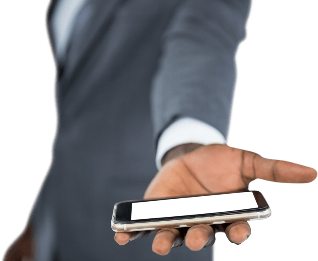 Transparent Image of Businessman Offering Smartphone in Hand
