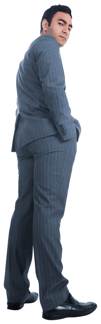 Transparent Background of Serious Asian Businessman in Suit Looking Back