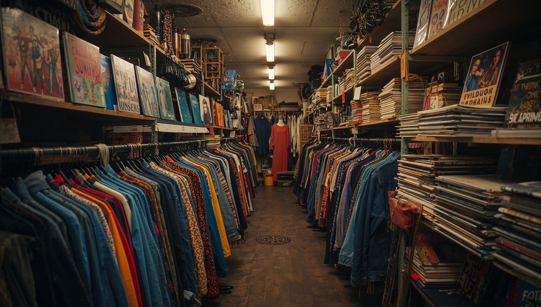 Browsing shopper wearing red coat in narrow vintage thrift aisle with denim and vinyl