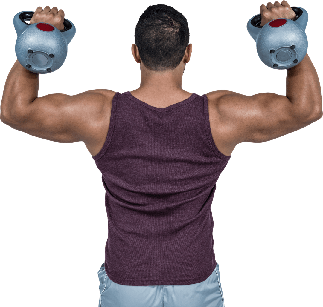 Transparent Muscular Man Lifting Kettlebells in Dual Movement