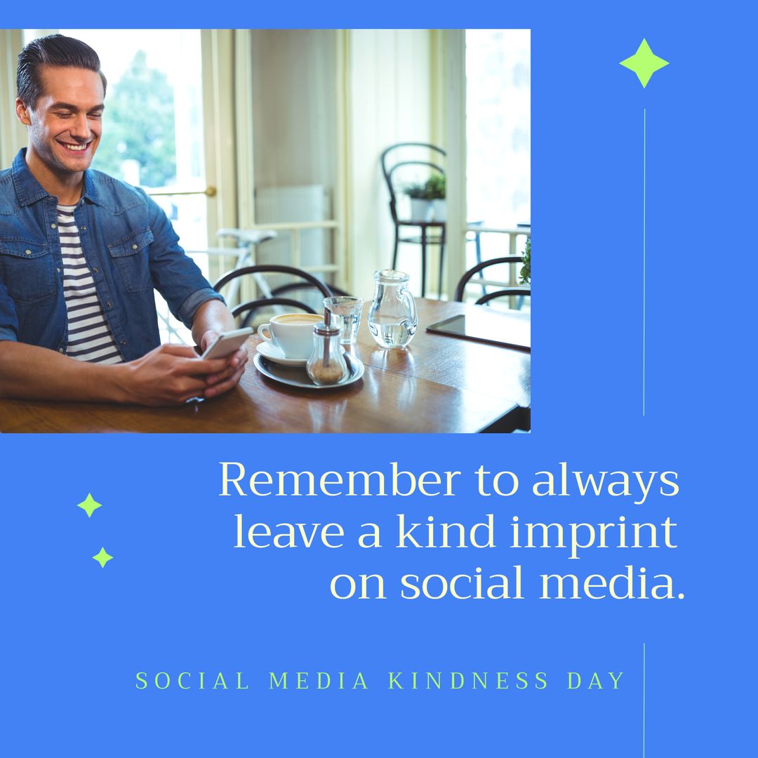 Man in Cafe Promoting Kindness on Social Media