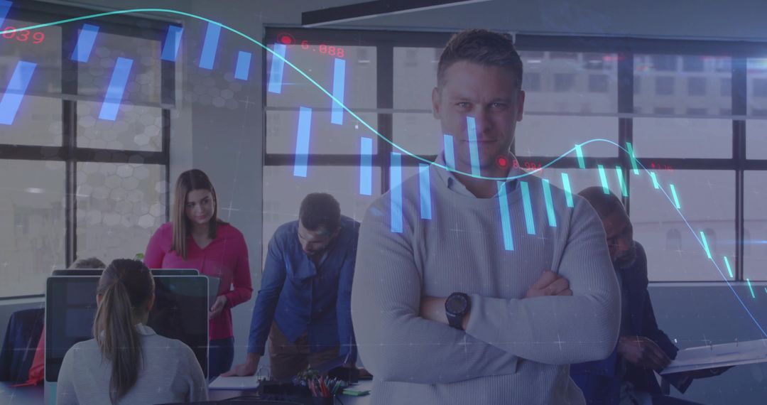 Confident Leader Overseeing Dynamic Team with Digital Overlay