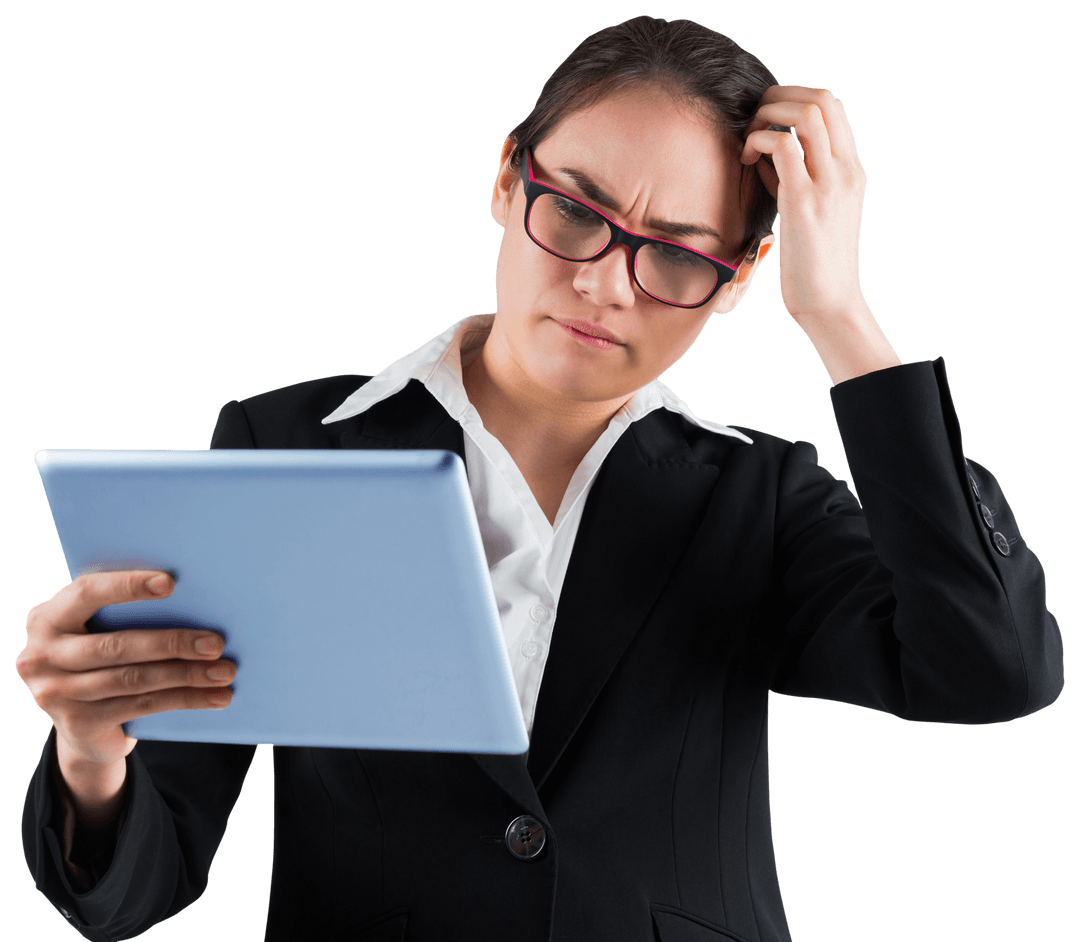 Confused Businesswoman Analyzing Tablet with Transparent Background