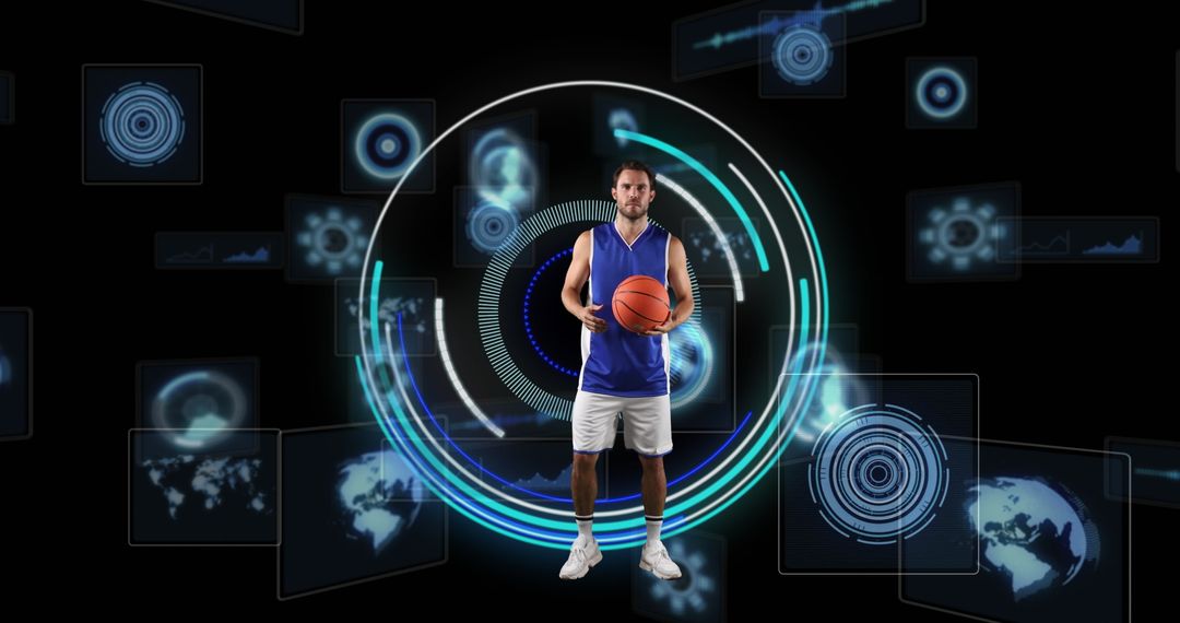 Basketball Player Surrounded by Digital Data and Interfaces