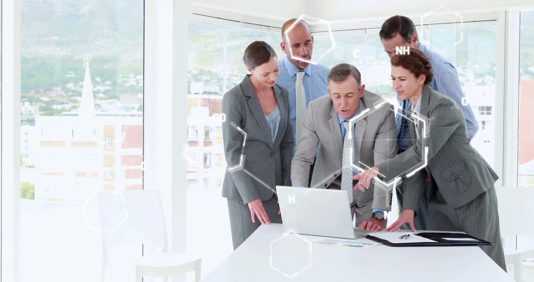 Diverse Business Team Analyzing Data with Hexagon Technology Interface