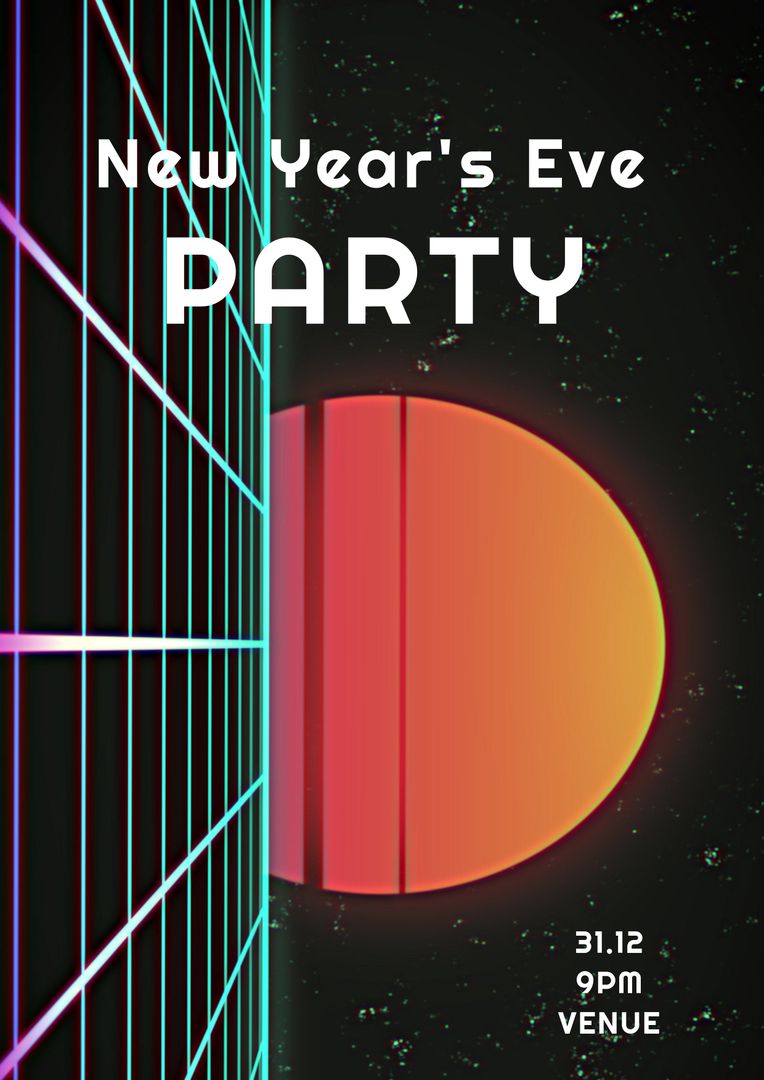 Retro Futuristic New Year's Eve Party Poster with Grid and Gradient Sun